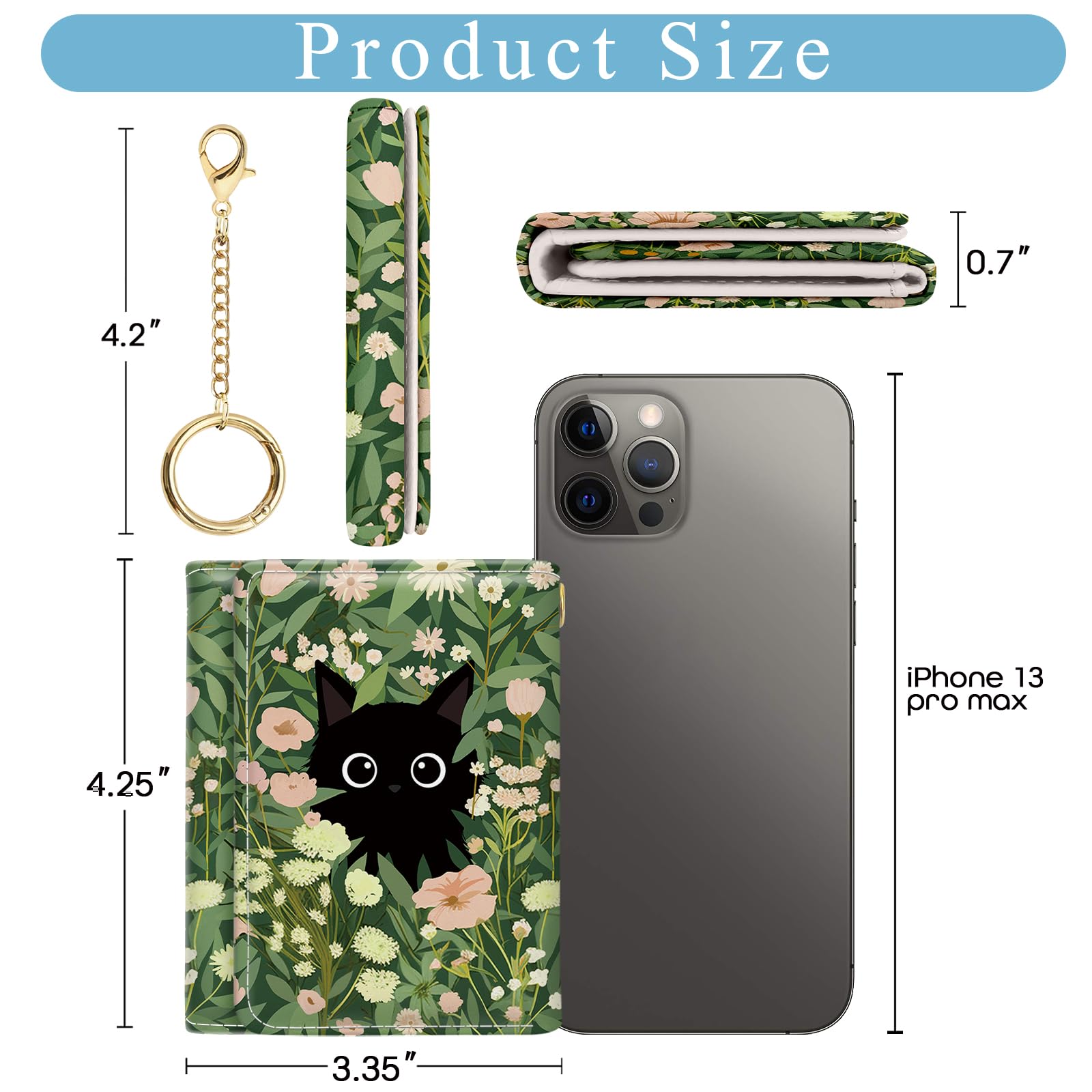 Jogjam Black Cat Floral Womens Wallet, Small Slim RFID Blocking Card Wallets, Cute Trifold PU Leather Card Holder Wallet Organizer, Mini Pocket Cash Wallet with 7 Card Slots ID Window for Girls Ladies