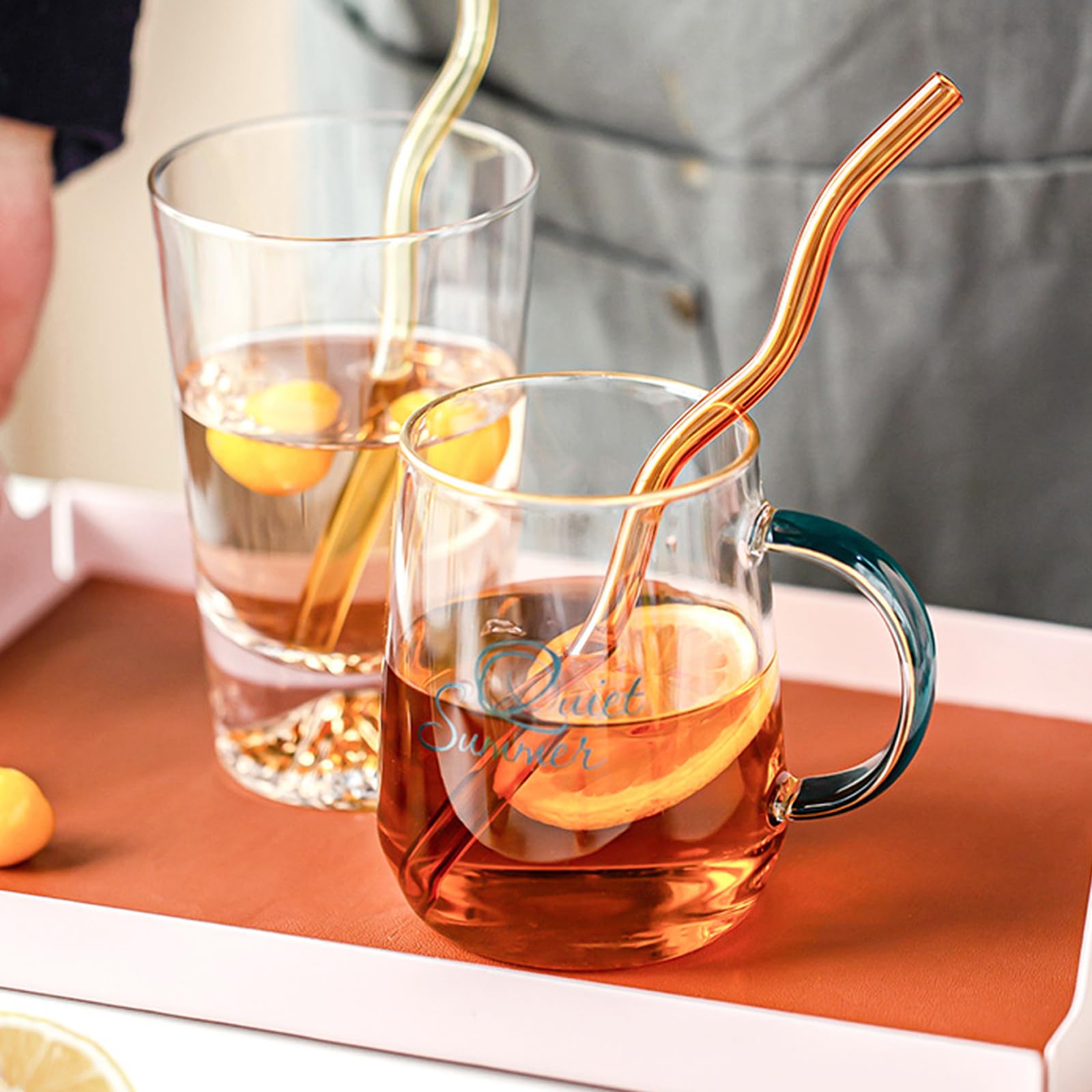 6 Pcs 7.87"×8mm Wavy Glass Straws, Reusable Colorful Glass Straws with 1 Cleaning Brush -Perfect For Juice, Tea, Coffee, Cocktails and Lemonade.