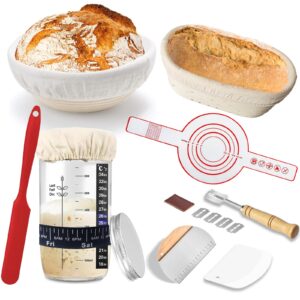 Sourdough Starter Kit,Sourdough Bread Baking Supplies Includes 24OZ Sourdough Starter Jar,2Pcs 9 Inch Round&Oval Sourdough Bread Proofing Baskets With Linen Liner,Silicone Baking Mat,Bread Making Kit