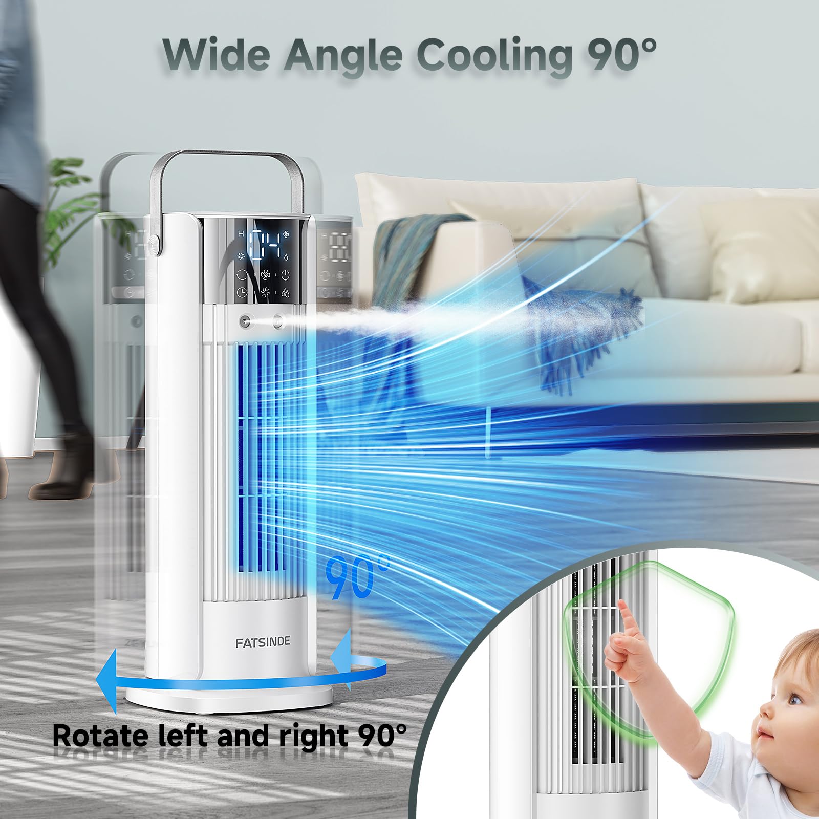 Portable Air Conditioner Tower Fan, 16" Evaporative Air Cooler with Remote, 90° Oscillating & 4 Wind Speeds, Cool Mist & 2-10H Timer, Touch Screen Cooling fan Air Conditioner for Room Office Camping