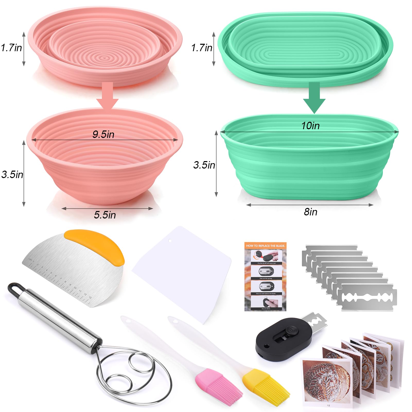 Palksky Sourdough Proofing Baskets Silicone Kit, Sour Dough Kit Sourdough Baking Supplies - Round & Oval Bowls Tools, Sourdough Bread Baking Supplies, Bread Proofer Essentials for Beginners