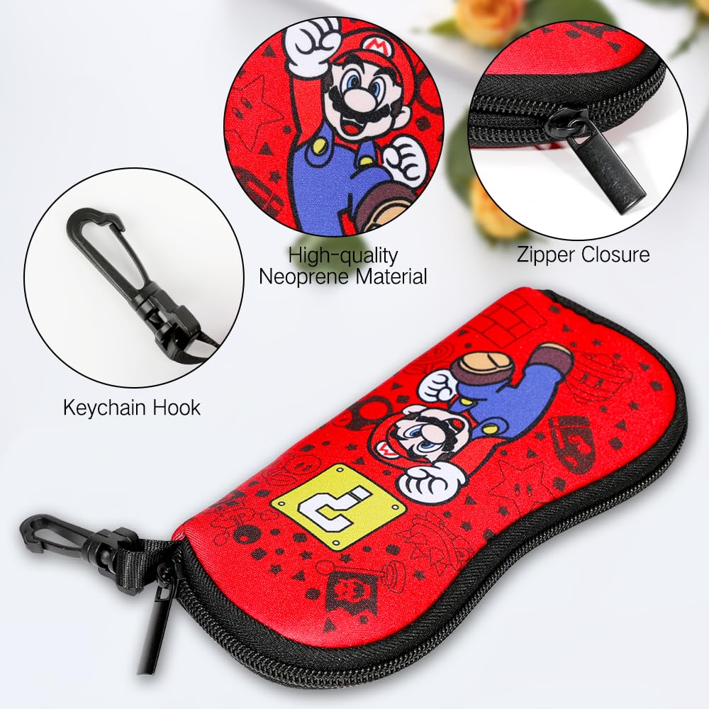 PERFECTSIGHT Kawaii Glasses Case, Neoprene Zipper Eyeglass Case with Clip, Cute Soft Sunglasses Travel Pouch for Women Kids (Red Mario)