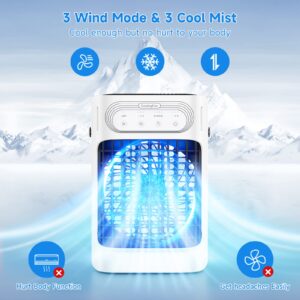 Portable Air Conditioners, TIOKVIOP Evaporative Air Cooler [Upgraded 10W & 3 Cool Mist] 3 in 1, 3 Wind Speed & 7 LED Light, 3 Cool Mist & 2-8H Timer Cold AC, Personal Mini Air Cooling Fan for Room