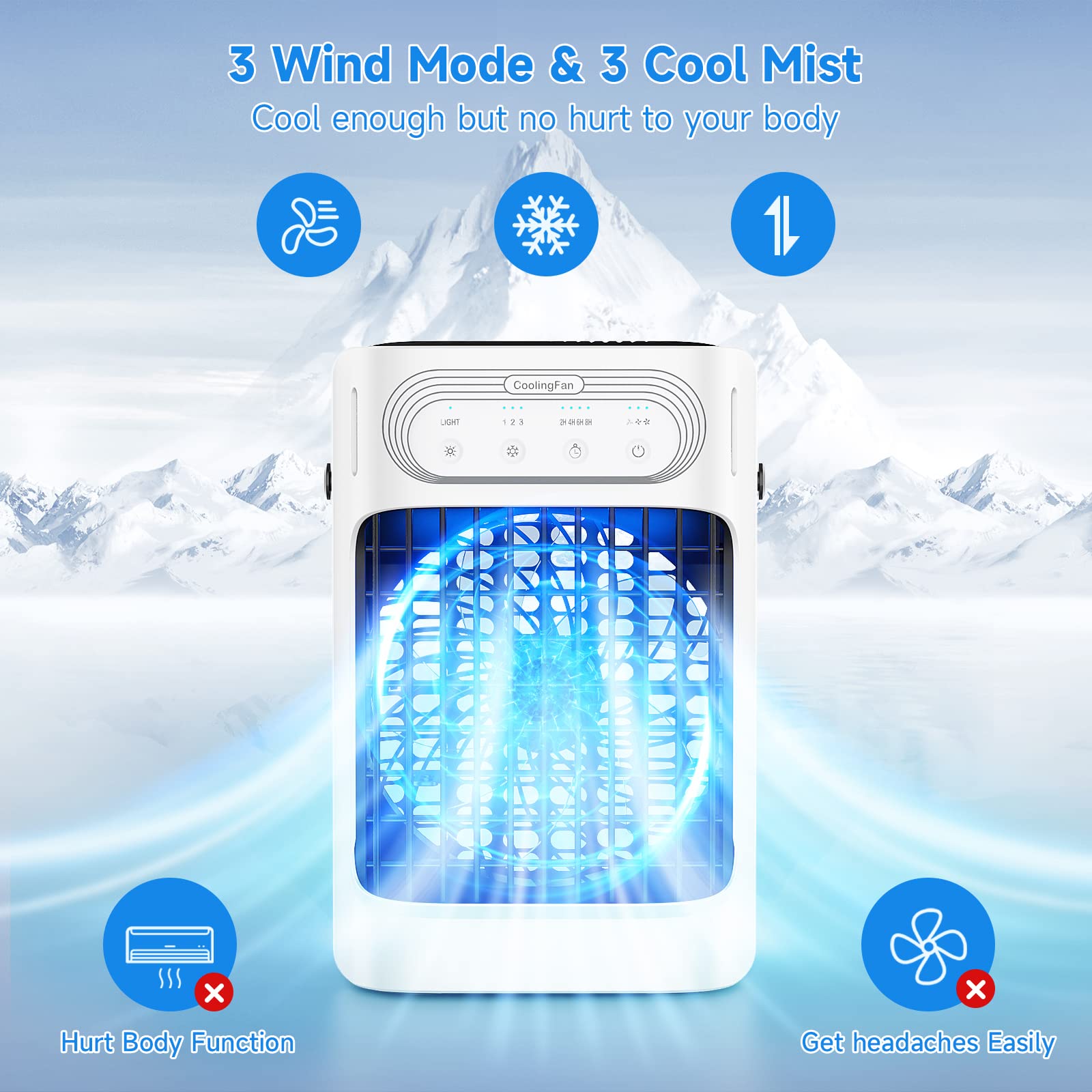 Portable Air Conditioners, TIOKVIOP Evaporative Air Cooler [Upgraded 10W & 3 Cool Mist] 3 in 1, 3 Wind Speed & 7 LED Light, 3 Cool Mist & 2-8H Timer Cold AC, Personal Mini Air Cooling Fan for Room