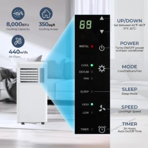 R.W.FLAME 8,000 BTU Air Conditioner cool Up to 350 Sq.Ft, 4 Modes Portable AC Unit with 24Hrs Timer/LED Display/Remote Control/Installation Kits, AC Unit for Bedroom, White…