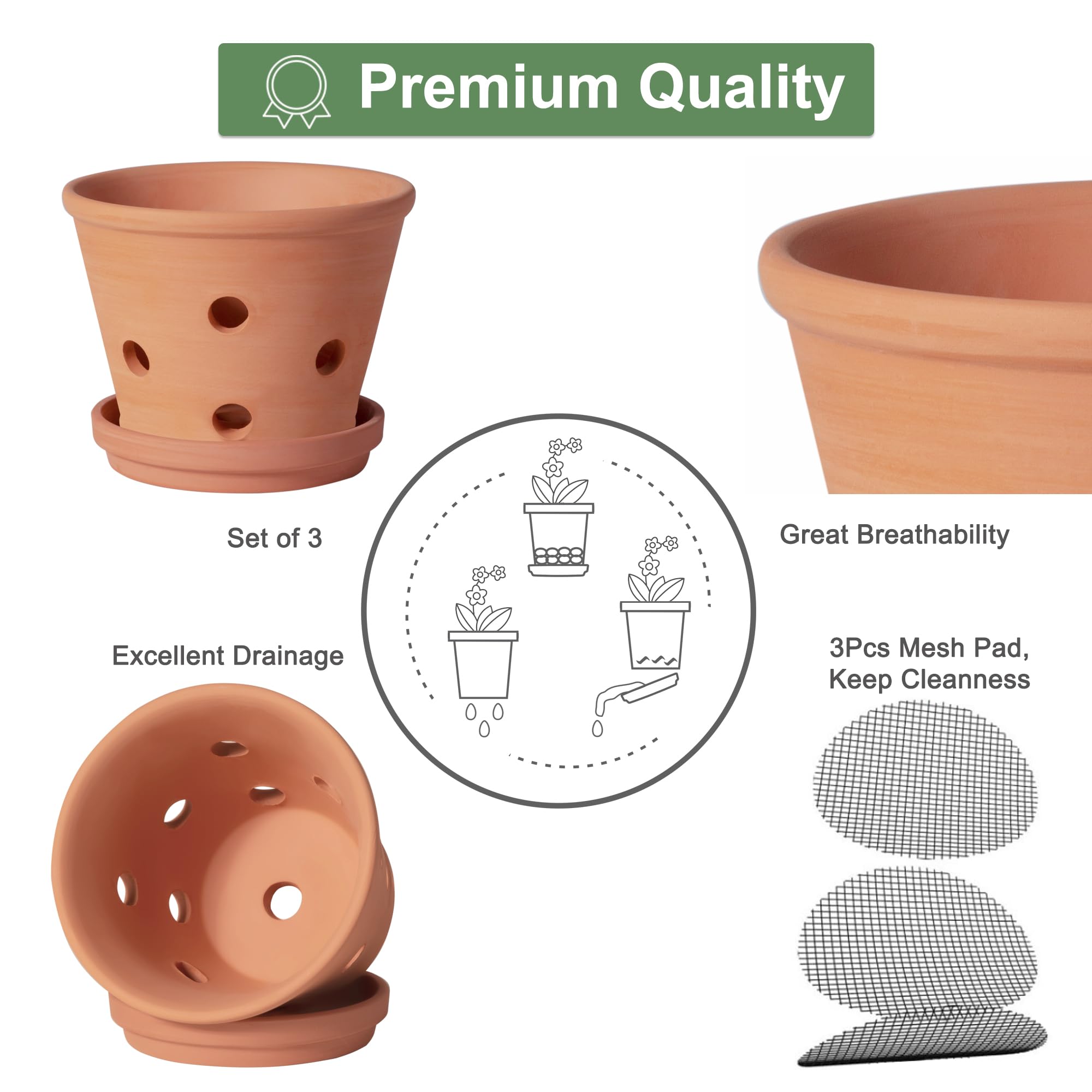 6 inch Terracotta Orchid Pots with Holes and Saucers, 3 Pack Clay Orchid Planter Pots for Repotting, Small Terra Cotta Orchid Pot, Plant Flower Pots for Orchid Indoor Outdoor Promotes Air Circulation