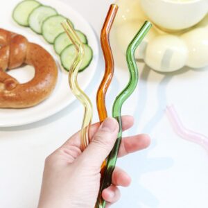 6 Pcs 7.87"×8mm Wavy Glass Straws, Reusable Colorful Glass Straws with 1 Cleaning Brush -Perfect For Juice, Tea, Coffee, Cocktails and Lemonade.