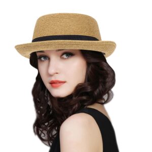 Pork-Pie-Hat-for-Men-Women Straw-Boater-Hat - Classic Boater Derby Sun Hats with Grosgrain Band Khaki