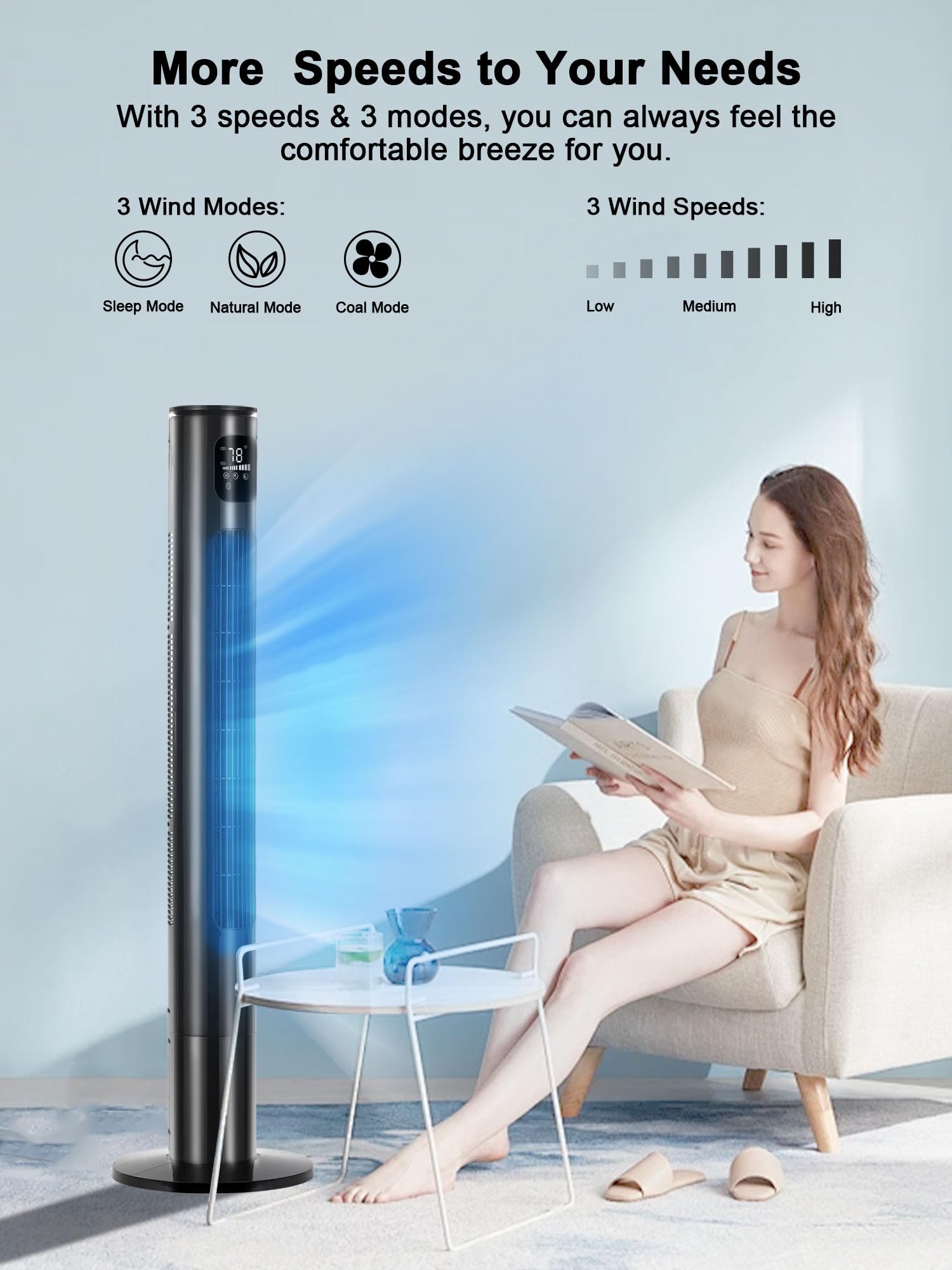 Uthfy 46" Tower Fan With Remote, 24ft/s Fan for Bedroom with 24 H Timer, 80° Oscillating Fan with 3 Speeds, 3 Modes, Portable Fans that Blow Cold Air, Standing Bladeless Fan for Room Home Office