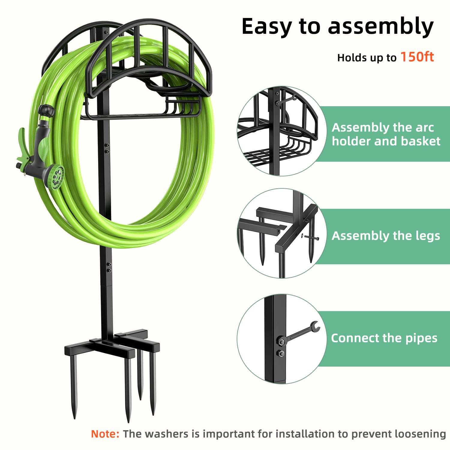 Yumatum Garden Hose Holder, Upgraded Metal Hose Reel with Tool Storage Basket, Heavy Duty Freestanding Water Hose Holders Holds 150ft Hose, Detachable Hose Storage Hanger for Outside