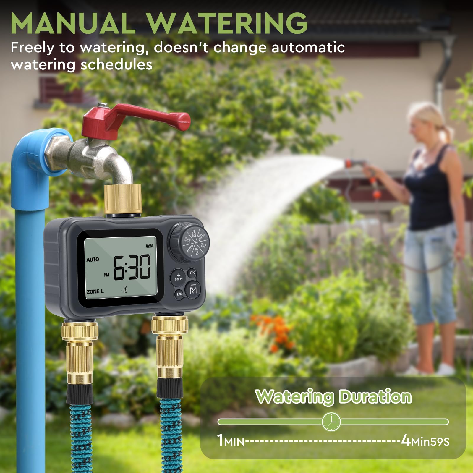 Moistenland Hose Timer with Brass Swivel, Sprinkler Timer, with Rain Delay/Manual/Automatic Watering System,Lawn & Garden Watering Equipment,IP54 Waterproof, 3.1 Inches Large Screen(2 Outlets)