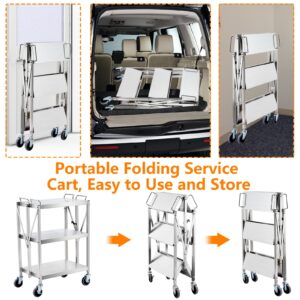 Garvee Heavy Duty Folding Utility Cart, Stainless Steel Collapsible Service Cart 133 Lbs Large Loading per Shelf, Sturdy 3-Tier Rolling Cart with Wheels Lockable for Restaurant Garage Office Outdoor