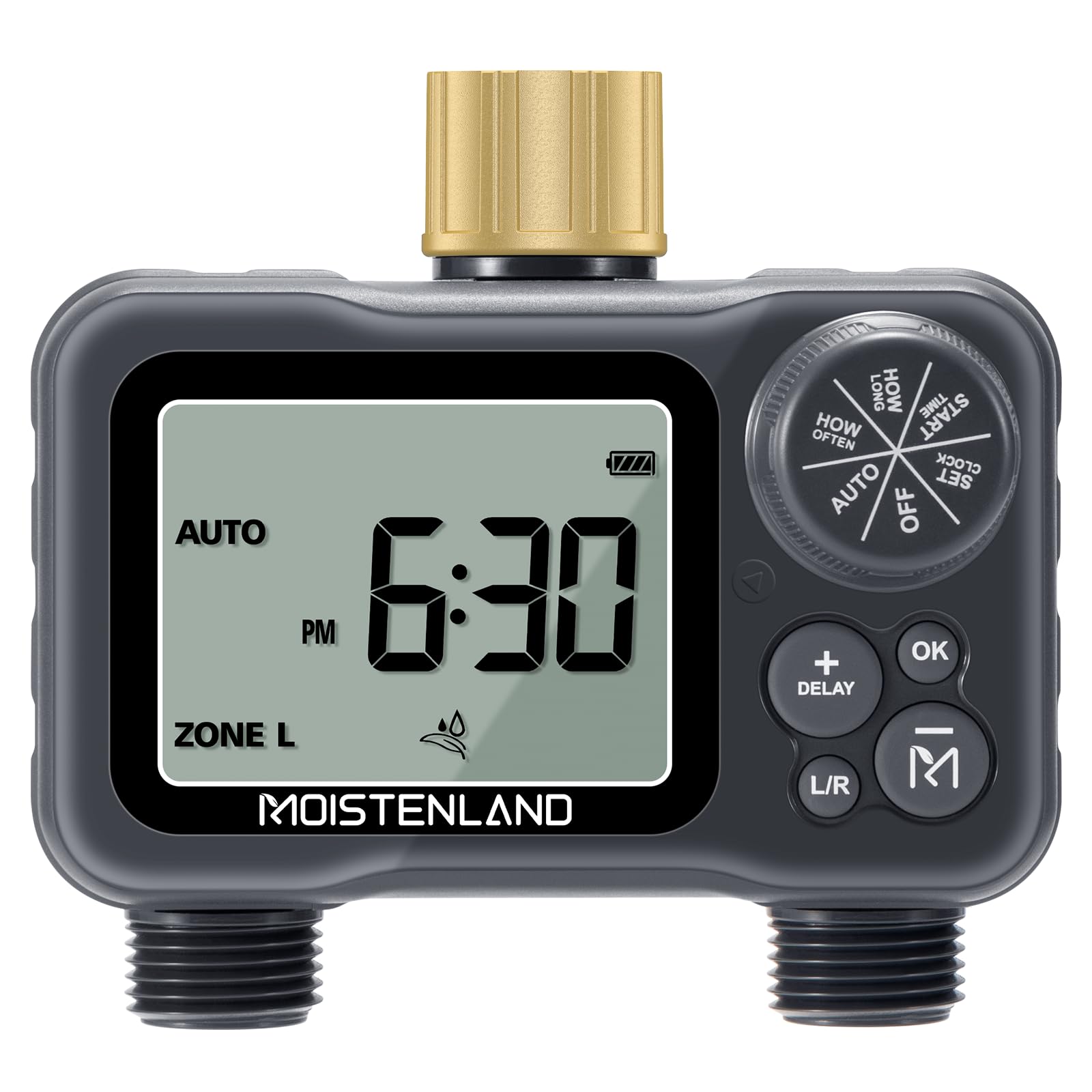 Moistenland Hose Timer with Brass Swivel, Sprinkler Timer, with Rain Delay/Manual/Automatic Watering System,Lawn & Garden Watering Equipment,IP54 Waterproof, 3.1 Inches Large Screen(2 Outlets)