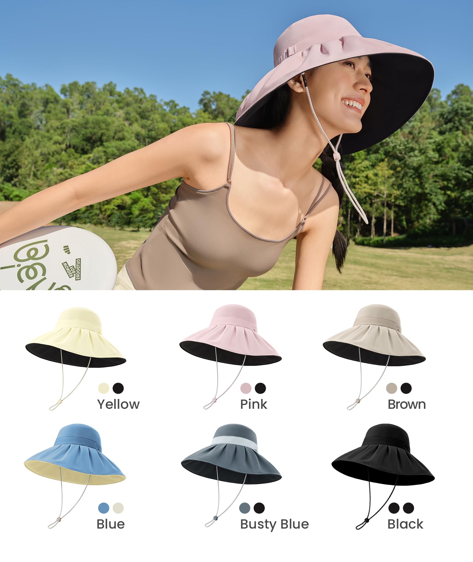 BENEUNDER Sun Hat Womens, Adjustable Wide Brim Bucket Hat with Vinly UPF50+ UV Protection for Beach, Summer Travel, Brown