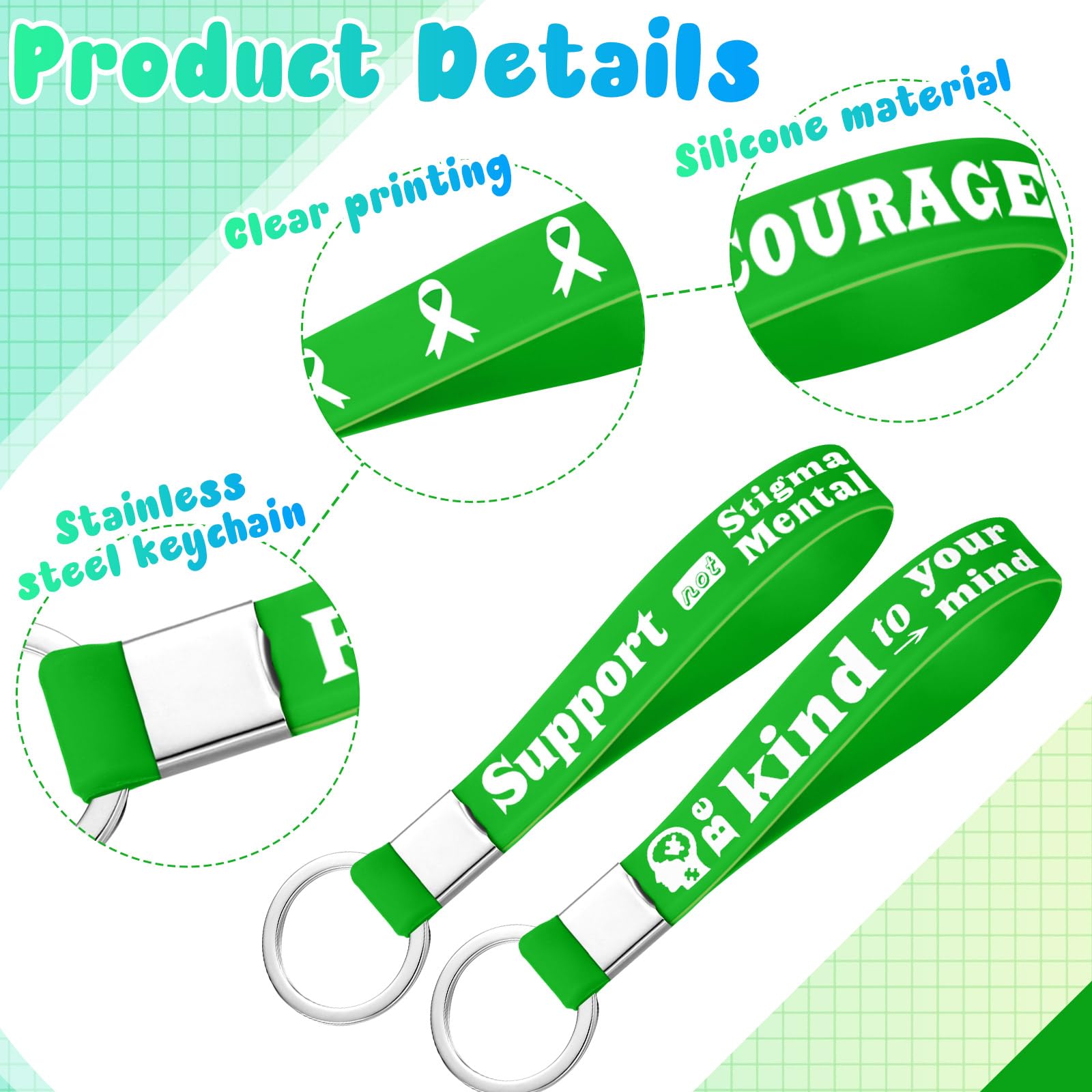 Blueweenly 100 Pcs Mental Health Awareness Silicone Keychains Gifts Green Awareness Ribbon Keychain Green Mental Faith Courage Hope Keychains for Adult Man Woman Gifts