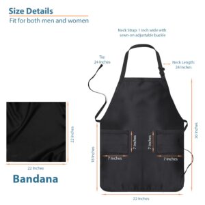 Premium Adjustable Cotton Chef Aprons with 2 Pockets and Bandana, 2 Pack, Kitchen Apron for Women and Men (Black)