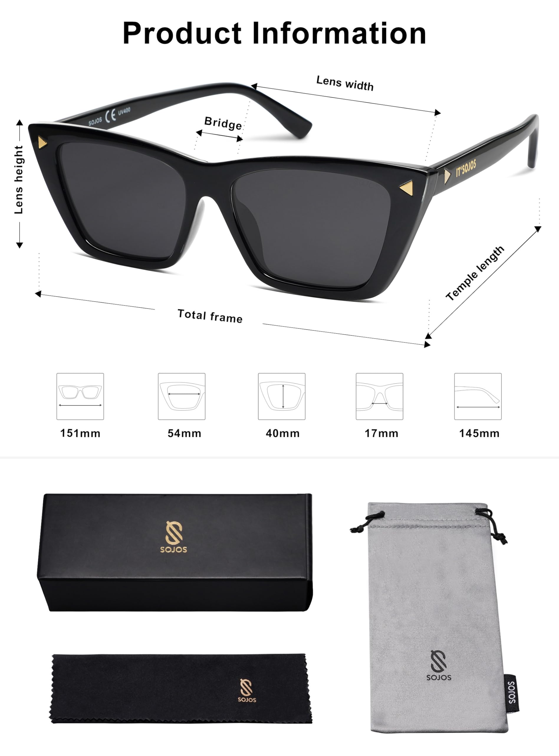 SOJOS Trendy Sunglasses Womens Retro Cute Cat Eye Polarized Women Designer Shades SJ2297 Black Frame Grey Lens