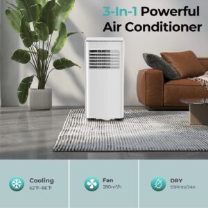 R.W.FLAME 10,000 BTU Air Conditioner cool Up to 450 Sq.Ft, 4 Modes Portable AC Unit with 24Hrs Timer/LED Display/Remote Control/Installation Kits, AC Unit for Bedroom, White