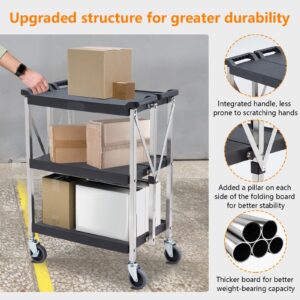 Garvee Foldable Utility Service Cart w/ 360°Swivel Wheels Lockable, 300LbsLoad Capacity, XL 3-Tier Tool Carts for Restaurant Garage Office Outdoor Storage and Transport, Stainless Steel Frame