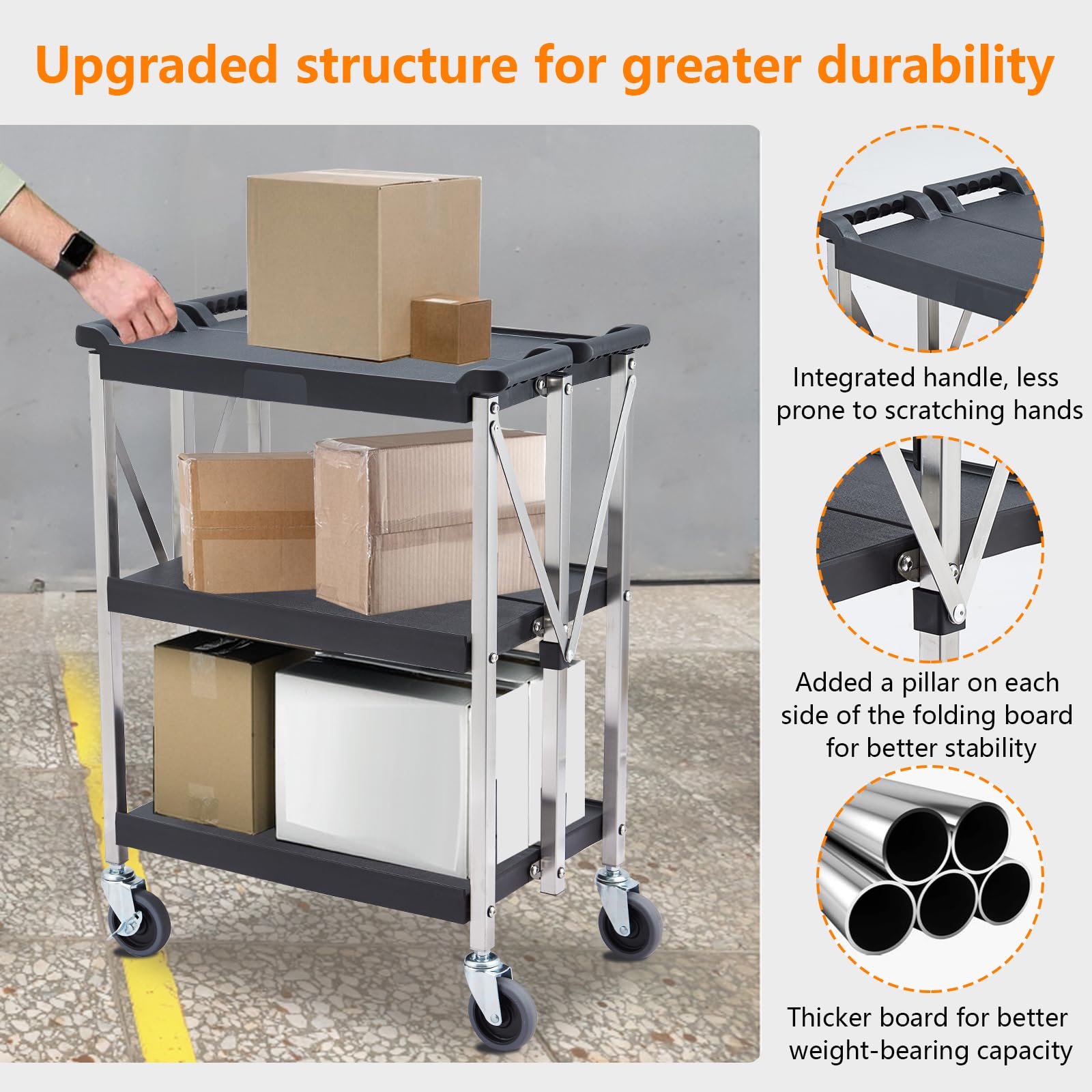 Agrestem Portable Folding Service Cart, 3-Tier Fold Up Rolling Cart, 3 Shelves Up to 330 lbs Load Capacity, Folding Collapsible Service Cart for Office Home Warehouse