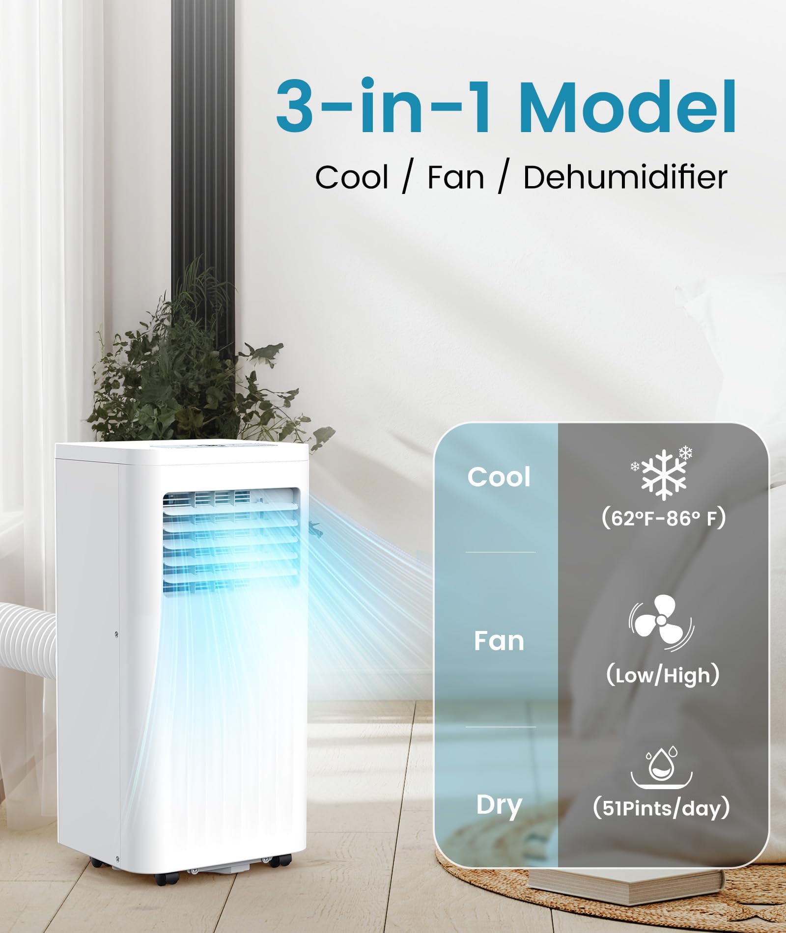 Joy Pebble Portable Air Conditioner, 8000 BTU Air Conditioner with Cooling, Fan, Dehumidifier, Sleep Mode, ≤55 db, Cooling up to 350 Sq. Ft. with 24H Timer/Digital Display/Remote Control & Window Kit