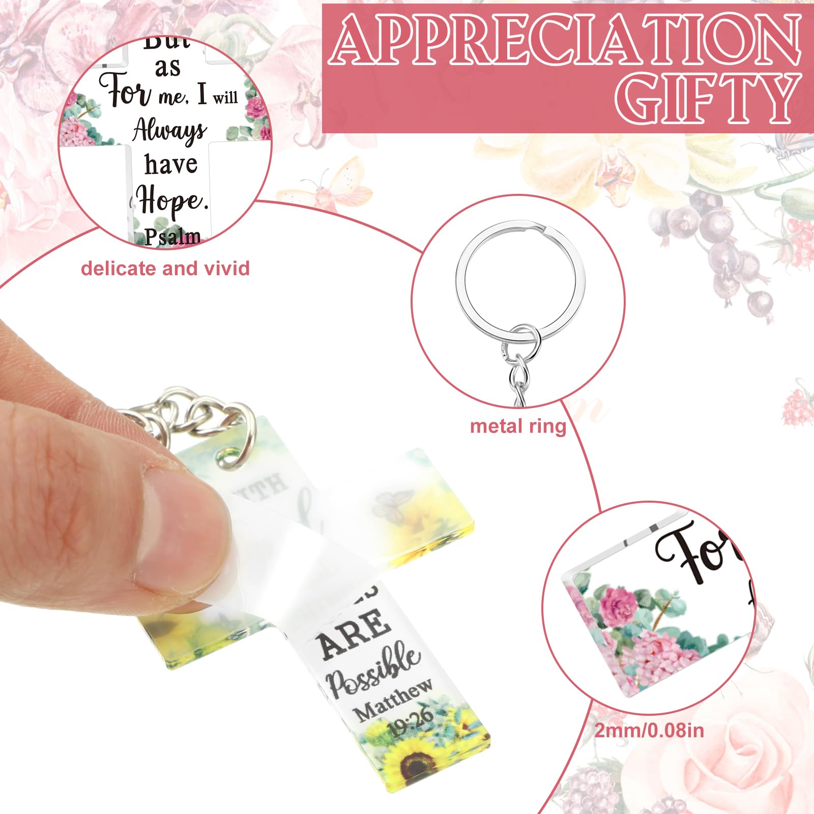 Remuuly 50 Pcs Christian Cross Keychain Bulk Floral Acrylic Bible Verse Keychain Religious Christian Keychains Inspirational Quotes Scripture Keychain for Women Men Church Mother's Day Gifts