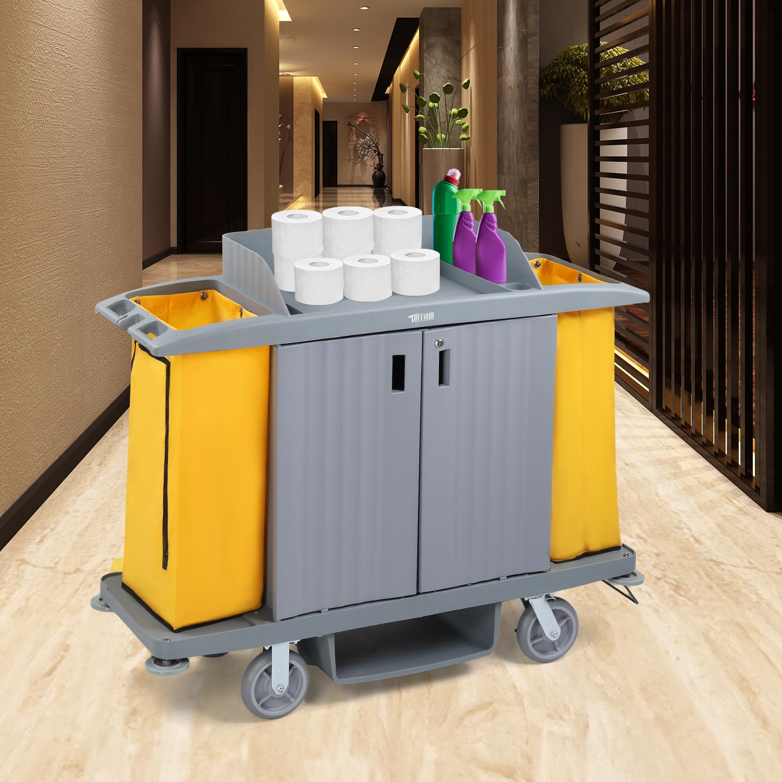 TUFFIOM Industrial Multifunctional Locking Hotel Cart,Commercial Traditional Cleaning Janitorial Room Service Housekeeping Cart, 51" H x 59" W x 20" D,Grey