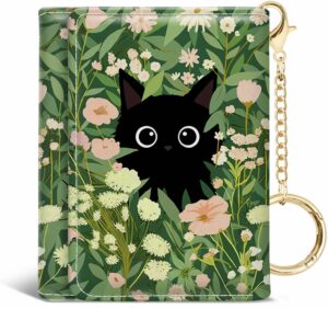 jogjam black cat floral womens wallet, small slim rfid blocking card wallets, cute trifold pu leather card holder wallet organizer, mini pocket cash wallet with 7 card slots id window for girls ladies