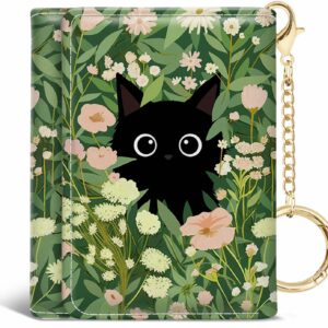 Jogjam Black Cat Floral Womens Wallet, Small Slim RFID Blocking Card Wallets, Cute Trifold PU Leather Card Holder Wallet Organizer, Mini Pocket Cash Wallet with 7 Card Slots ID Window for Girls Ladies