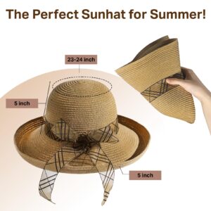 Beach Hats for Women - Sun Hat Womens, Wide Brim Sun Straw Hat for Women with Wind Lanyard Roll Up Hat UV Protection Foldable Khaki