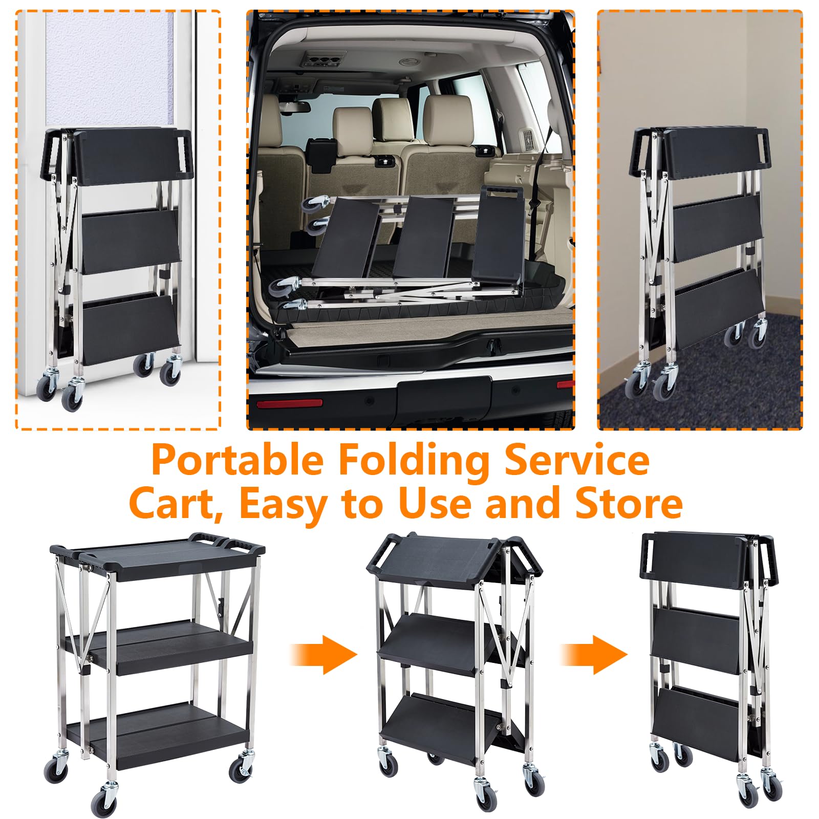 Garvee Foldable Utility Service Cart w/ 360°Swivel Wheels Lockable, 300LbsLoad Capacity, XL 3-Tier Tool Carts for Restaurant Garage Office Outdoor Storage and Transport, Stainless Steel Frame