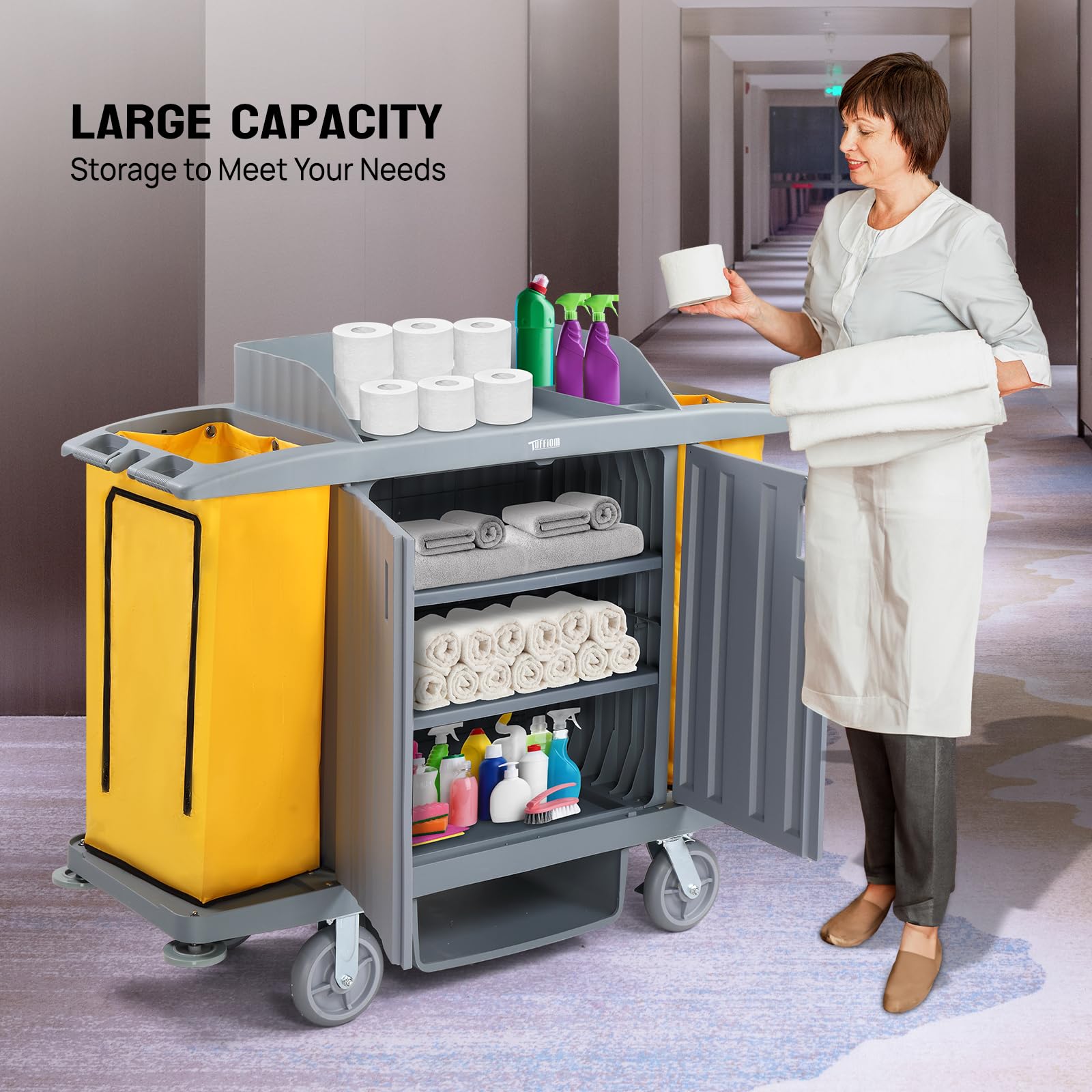 TUFFIOM Industrial Multifunctional Locking Hotel Cart,Commercial Traditional Cleaning Janitorial Room Service Housekeeping Cart, 51" H x 59" W x 20" D,Grey