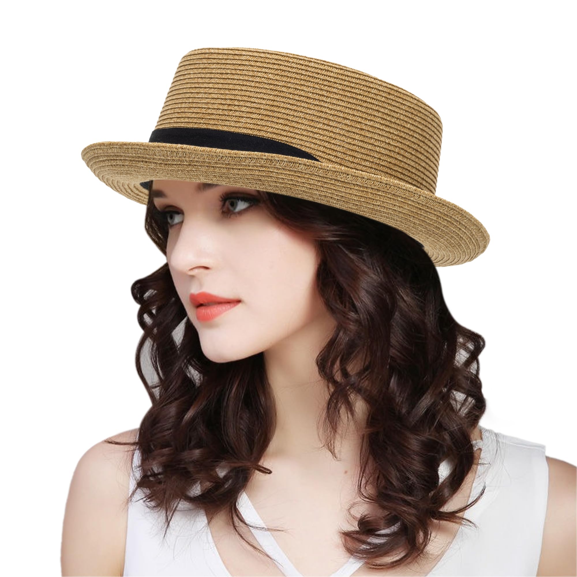 Pork-Pie-Hat-for-Men-Women Straw-Boater-Hat - Classic Boater Derby Sun Hats with Grosgrain Band Khaki