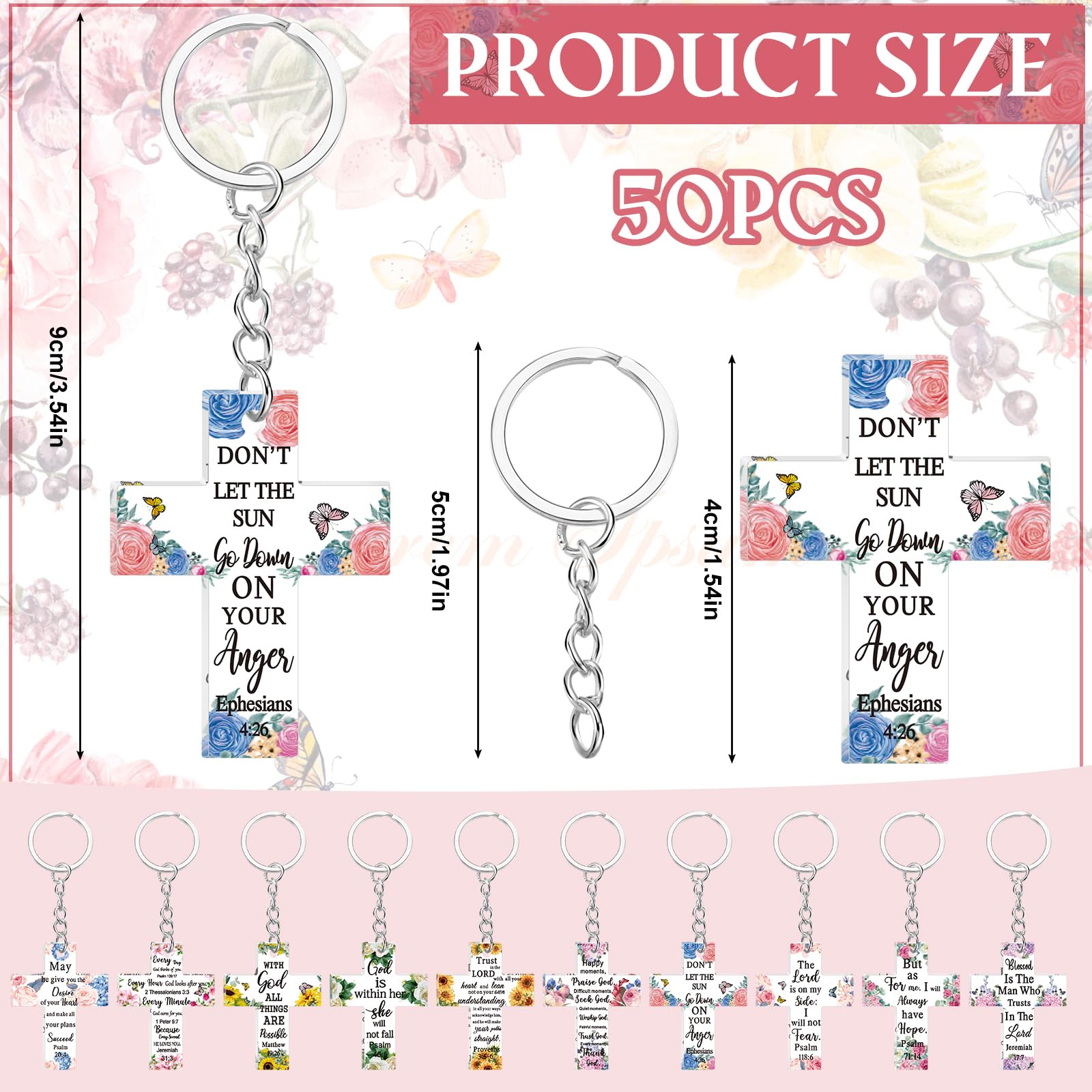 Remuuly 50 Pcs Christian Cross Keychain Bulk Floral Acrylic Bible Verse Keychain Religious Christian Keychains Inspirational Quotes Scripture Keychain for Women Men Church Mother's Day Gifts