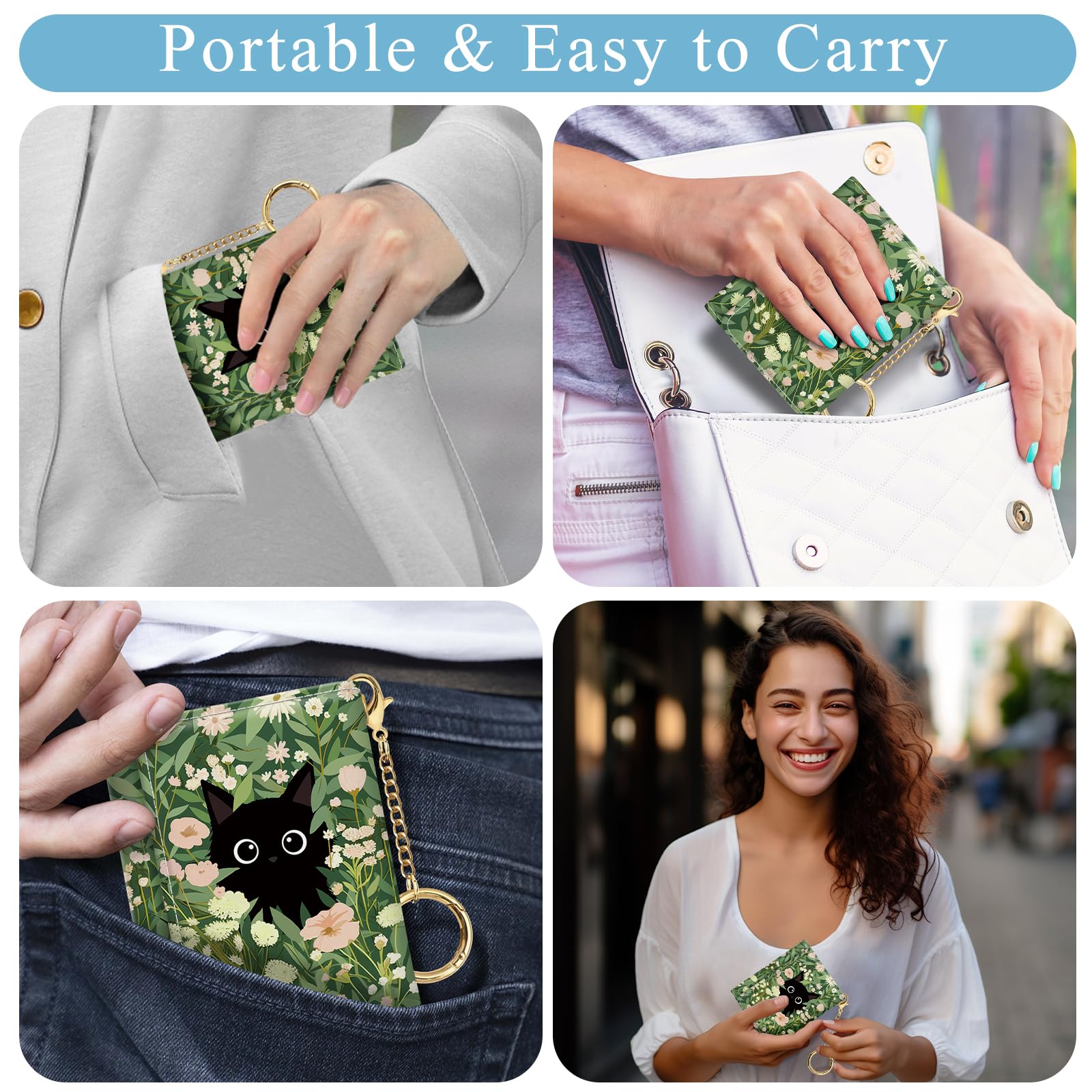 Jogjam Black Cat Floral Womens Wallet, Small Slim RFID Blocking Card Wallets, Cute Trifold PU Leather Card Holder Wallet Organizer, Mini Pocket Cash Wallet with 7 Card Slots ID Window for Girls Ladies