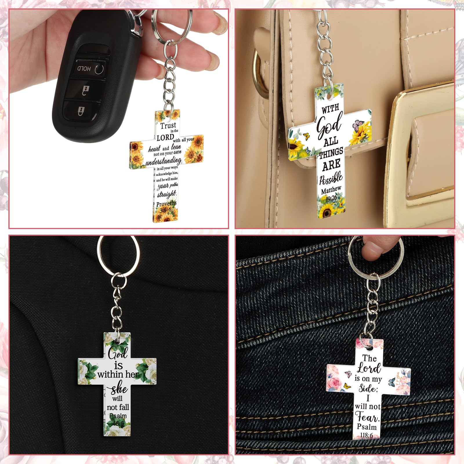 Remuuly 50 Pcs Christian Cross Keychain Bulk Floral Acrylic Bible Verse Keychain Religious Christian Keychains Inspirational Quotes Scripture Keychain for Women Men Church Mother's Day Gifts