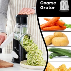 BASSWOOD Rotary Cheese Grater with Handle - Mandoline Slicer with 3 Stainless Steel Drum Blades-Vegetable Slicer Walnuts Grinder Cheese Shredder Round Mandoline with Peeler (Black)