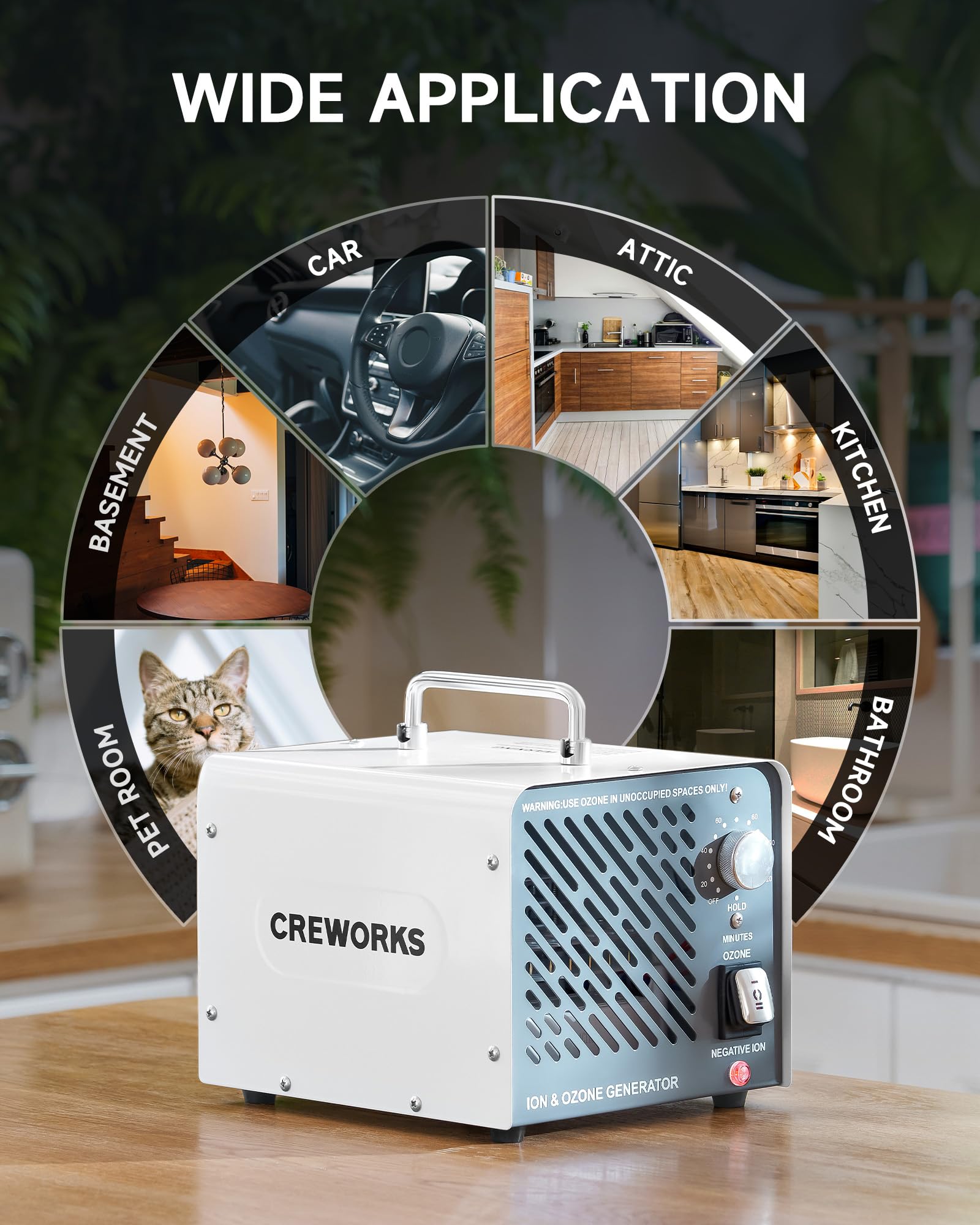 CREWORKS Ozone Negative Ion Generator, 30000 mg/h 2-in-1 Odor Eliminator Air Purifier for Car Home Smoke Pet Odor Removal, Commercial Ozone Machine Ionizer with Timer for 3200 sq ft Room