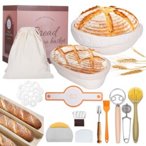 watcor sourdough bread baking supplies set,10 inch oval & 9 inch round banneton bread proofing baskets with linen liner, silicone bread sling, danish dough whisk, dough scraper kit, silicone brush