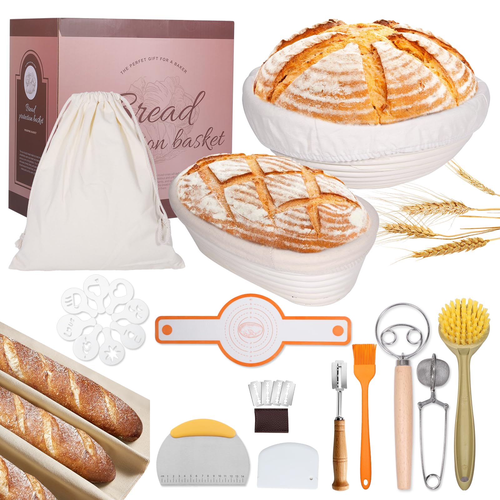 Watcor Sourdough Bread Baking Supplies Set,10 Inch Oval & 9 Inch Round Banneton Bread Proofing Baskets with Linen Liner, Silicone Bread Sling, Danish Dough Whisk, Dough Scraper Kit, Silicone Brush