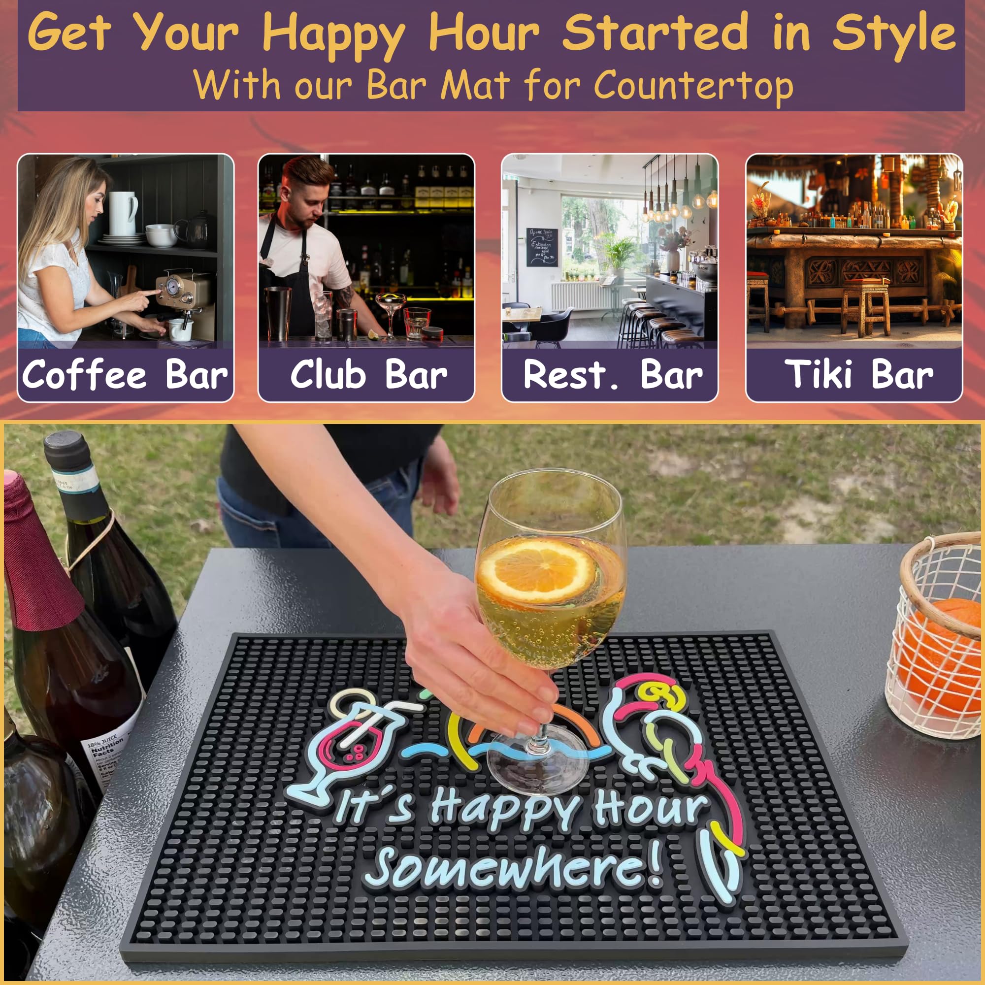 Tiki Bar Happy Hour Sign Rubber Bar Mat for Bartending 18x12 in, It's Happy Hour Somewhere Outdoor Tiki Bar Decor, Bar Mats for Countertop, Bar mat for Home Bar, Bartender Mat, Home Bar Accessories