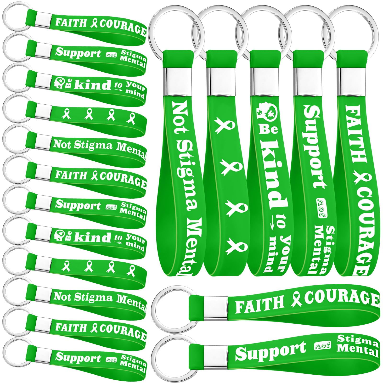 Blueweenly 100 Pcs Mental Health Awareness Silicone Keychains Gifts Green Awareness Ribbon Keychain Green Mental Faith Courage Hope Keychains for Adult Man Woman Gifts