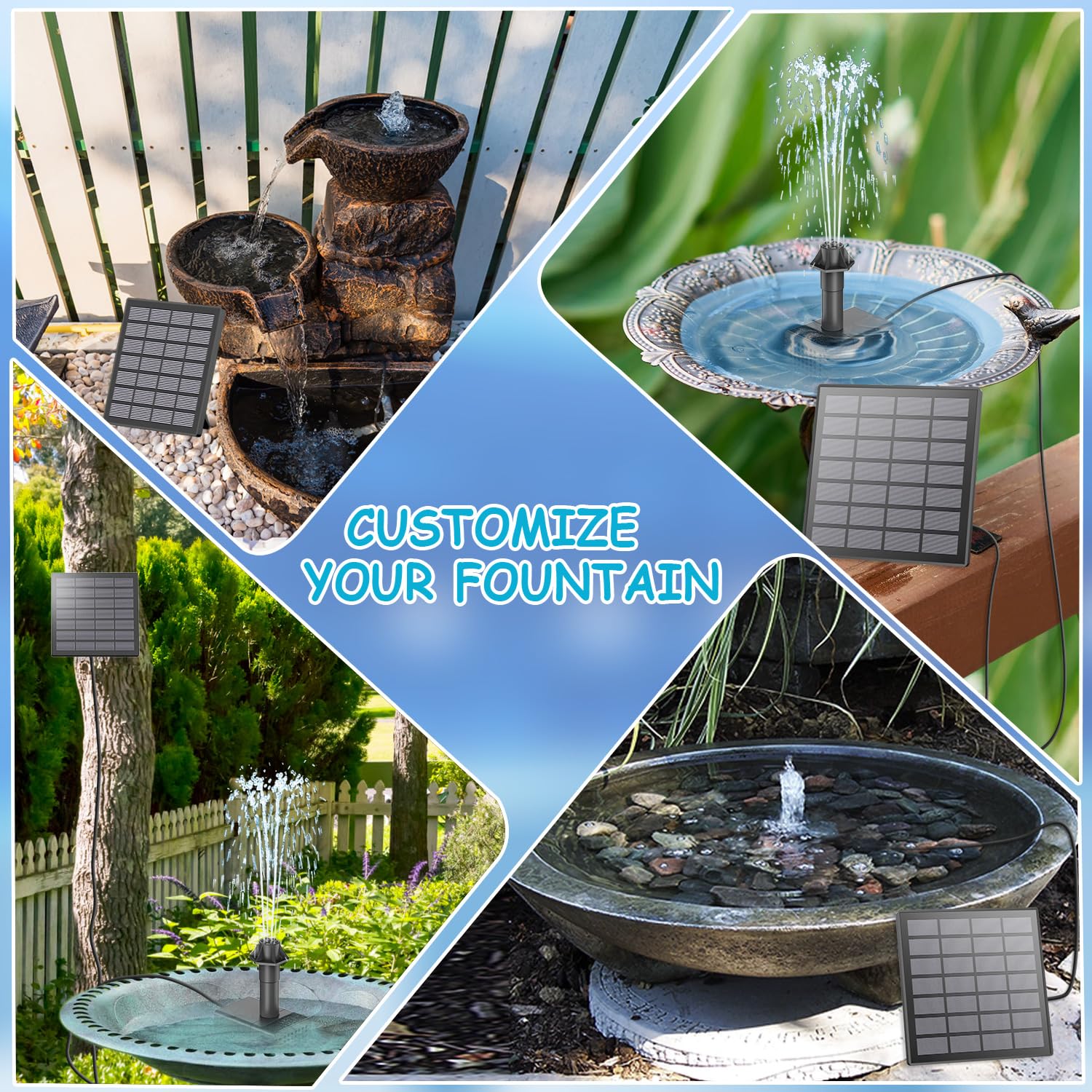 GAIZERL Solar Fountain Kits, 2024 Upgrade 1.8W Glass Panel Solar Water Pumps, Adjustable Small Solar Powered Bird Bath Fountain Pump with 9.84ft Cable, 9 Nozzles for Garden, Humingbirds, DIY Fountains