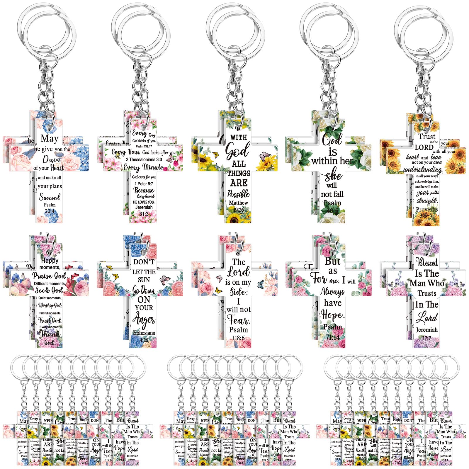 Remuuly 50 Pcs Christian Cross Keychain Bulk Floral Acrylic Bible Verse Keychain Religious Christian Keychains Inspirational Quotes Scripture Keychain for Women Men Church Mother's Day Gifts