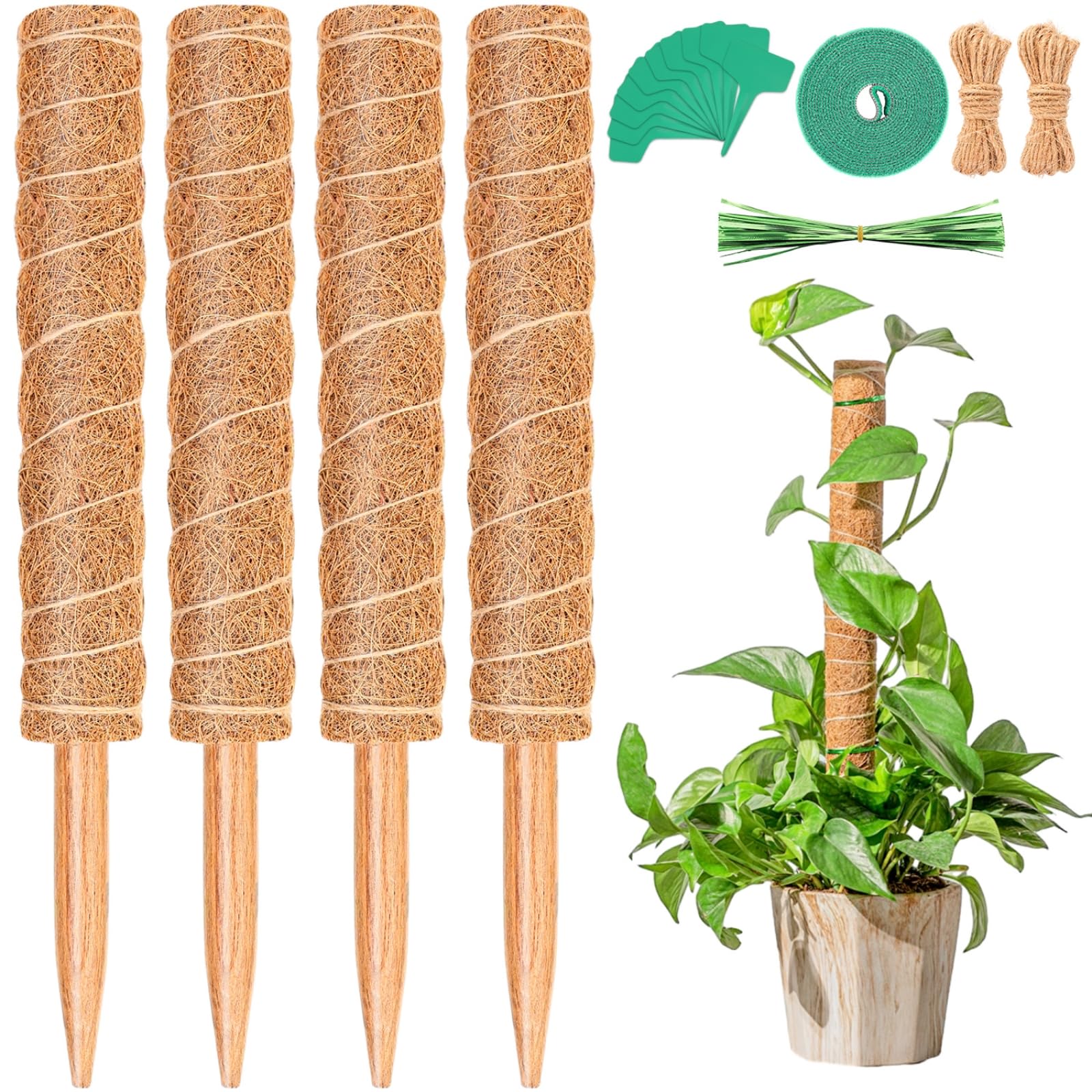 Moss Pole for Plants, 4 Pack Moss Poles for Climbing Plants, Monstera Coir Totem Pole, 15.8 Inch Moss Sticks for Plant Support, Indoor Potted Plants Train Creeper Plants Grow Upwards