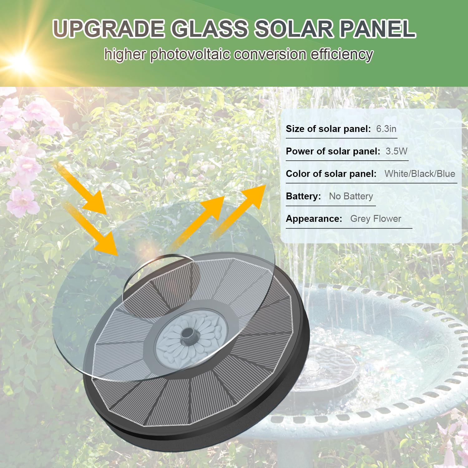 Yzert Solar Fountain 2024 Upgraded High Efficiency Glass Solar Panel, Solar Bird Bath Fountains with Flower No Battery,Solar Water Pump Fountain for Bird Bath Garden Small Ponds Outdoor Décor(Black)