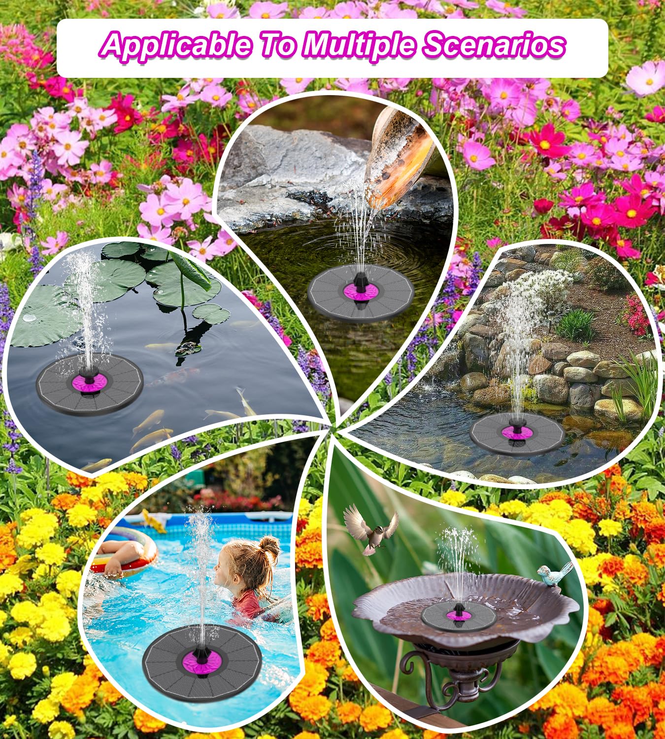 SZMP Solar Fountain 3.5W Bird Bath Fountains with Rosy Flower 2024 Upgraded 100% Glass Panel, Solar Powered Water Fountain with 7 Nozzles, Solar Fountain Pump for Pool, Pond, Garden, Outdoor (Black)