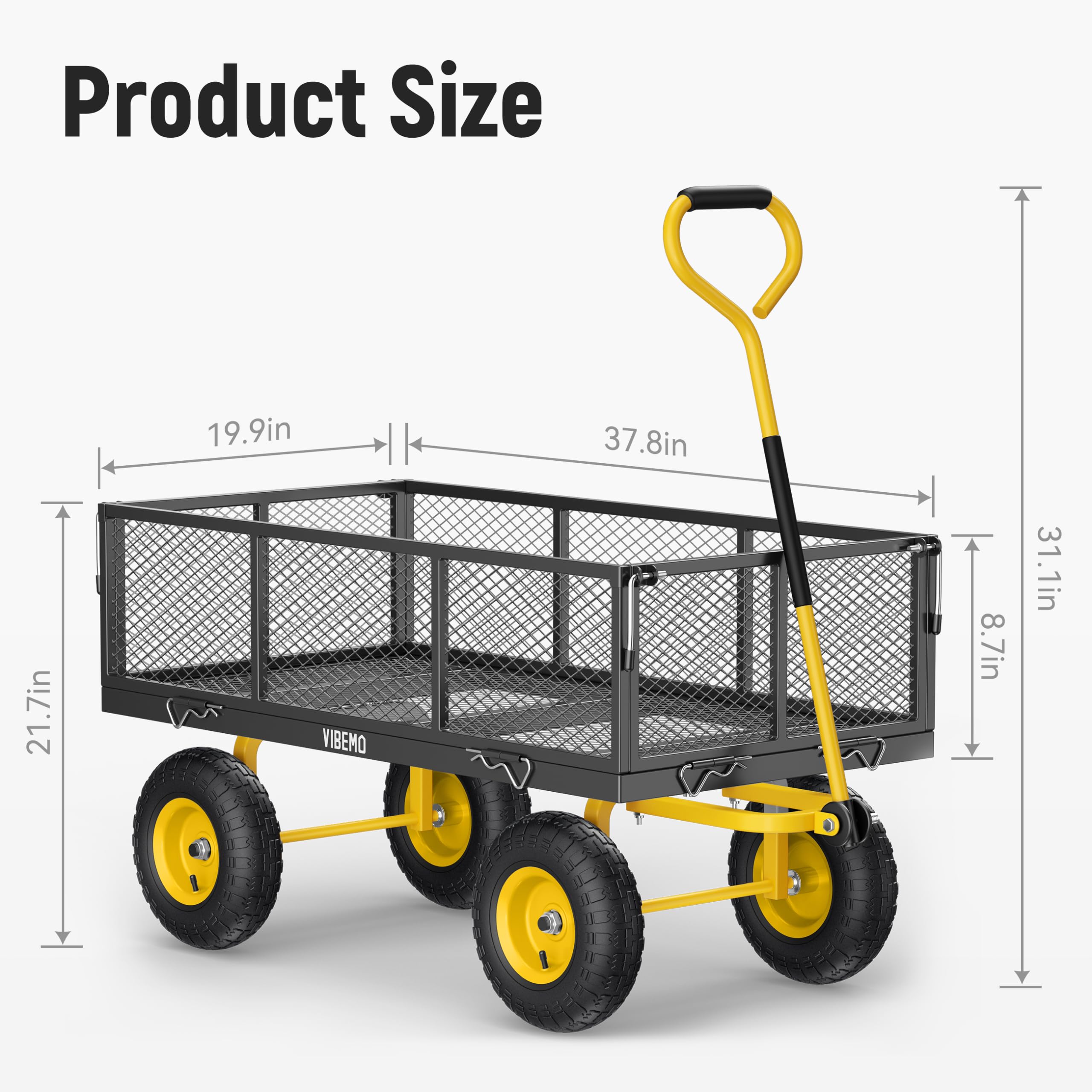 Vibemo Steel Garden Cart, 2-in-1 900 lbs Heavy Duty Utility Wagon, with Removable Mesh Sides to Convert into Flatbed, 240° U-Turn 10" Pneumatic Tires Garden Wagon for Farm Yard Lawn Garden Camping