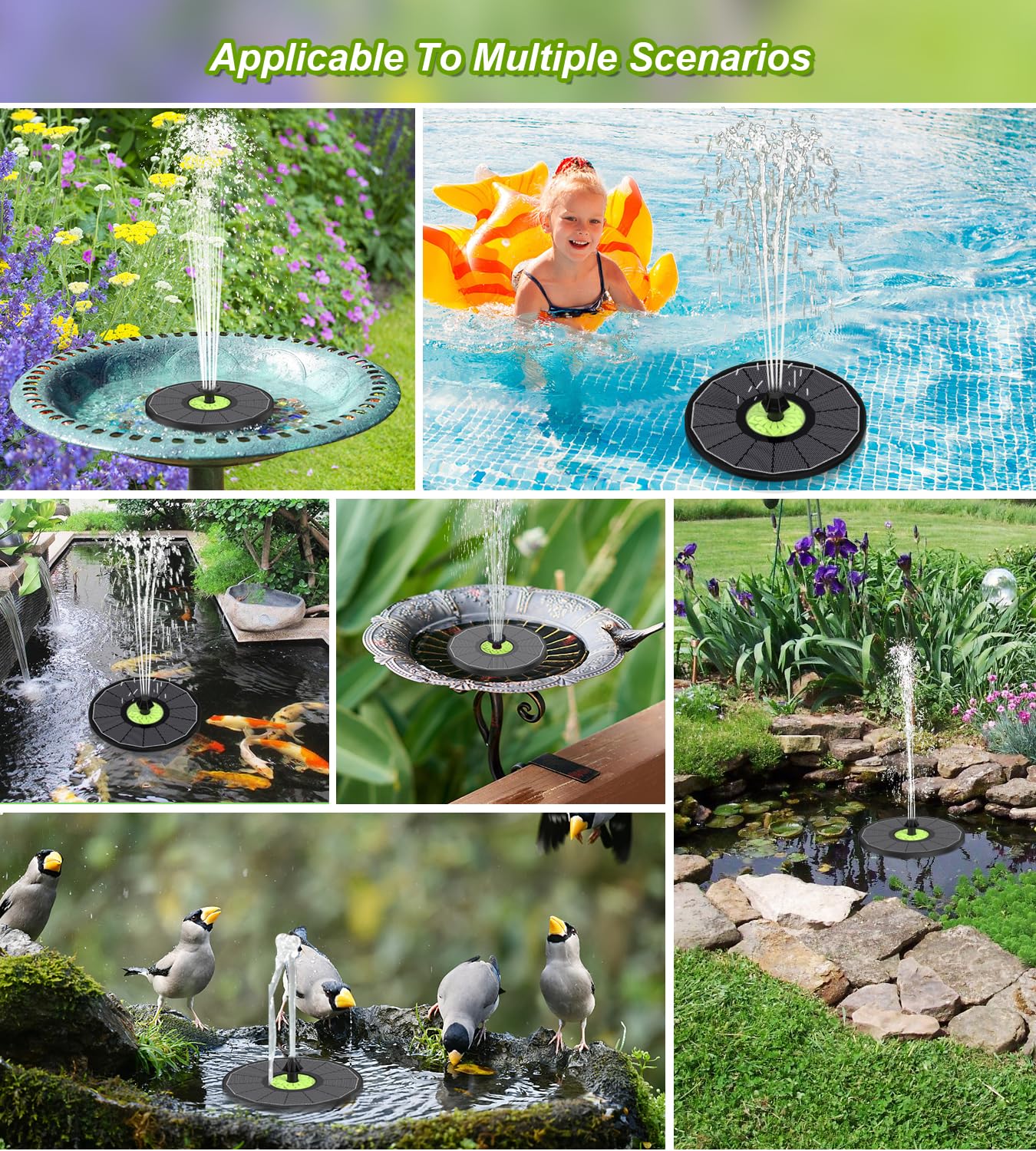 SZMP Solar Fountain 3.5W Bird Bath Fountains with Tender Green Flower 2024 Upgraded 100% Glass Panel, Solar Fountain Pump with 7 Nozzles, Solar Water Fountain for Hummingbirds, Garden, Pond (Black)