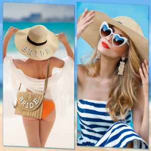 Bunnycool 4 Pcs Bridal Shower Gifts Set Bride Sun Hat Straw Shoulder Bag Heart Sunglasses Rhinestone Bride Earrings Bachelorette Gifts for Bride Wife Wedding Honeymoon Summer Beach Present